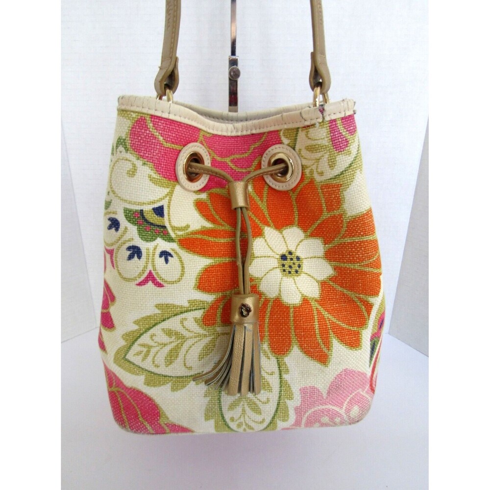 Spartina 449 Daufuskie Floral Bucket Bag Linen Leather Shoulder Purse - Picture 3 of 12